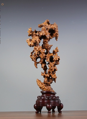 黄色虎皮太湖石厅堂摆件天然原石传统中式古典桌面装饰灵璧观赏石