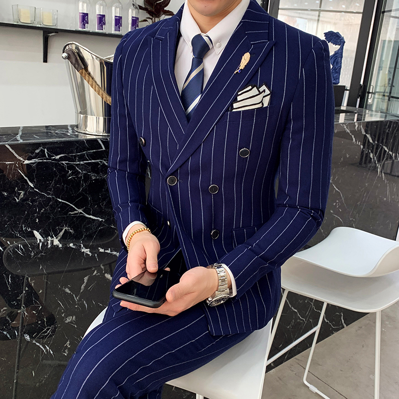 网红Luxury men's striped wedding casual tuxedo men's British - 图1