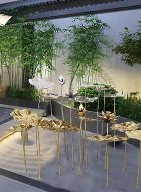 不锈钢金属铁艺荷叶荷花落地摆件酒店走廊庭院水池水景雕塑装饰品