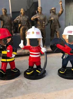 玻璃钢卡通消防员铸铜人物雕塑定制铁艺镂空剪影拍照座椅模型摆件