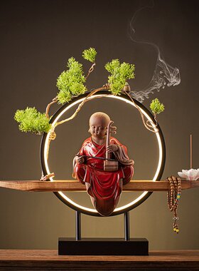 陶瓷小和尚创意摆件灯圈禅意小沙弥客厅酒柜玄关办公桌茶桌装饰品