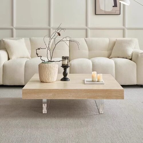 方形茶几诧寂风洞石岩板茶几家用客厅法式悬浮现代轻奢极简茶桌 - 图0