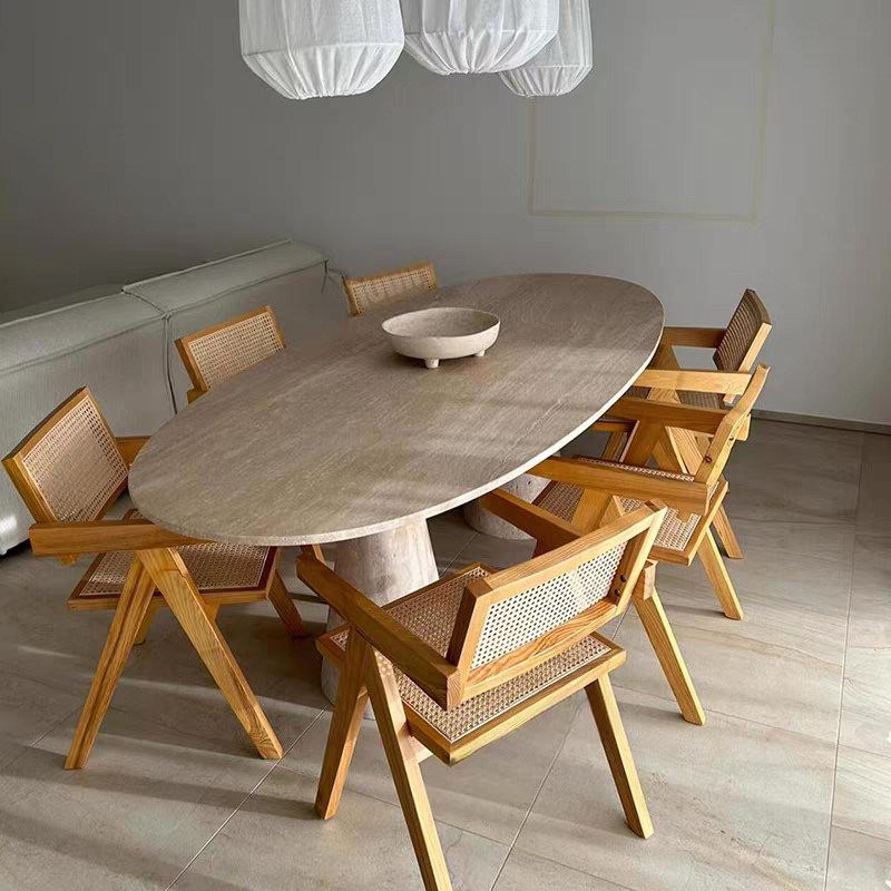 侘寂风天然洞石餐桌圆形椭圆形大理石别墅家用设计师复古简约饭桌,淘宝优惠券,粉丝福利购,淘宝优惠卷