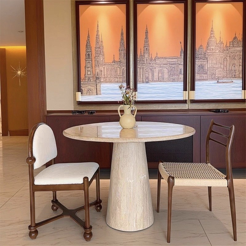 侘寂风天然洞石餐桌圆形椭圆形大理石别墅家用设计师复古简约饭桌,淘宝优惠券,粉丝福利购,淘宝优惠卷