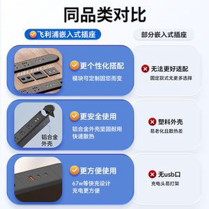 飞利浦插座嵌入式家具办公桌橱pdu桌面插排插线板usb快充30w定制