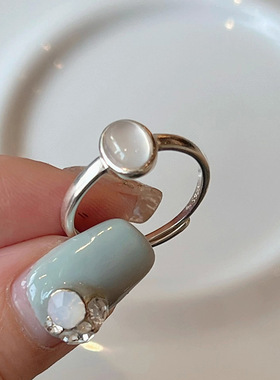 s925纯银天然白玉髓椭圆戒指女ins小众清冷感简约气质几何食指环