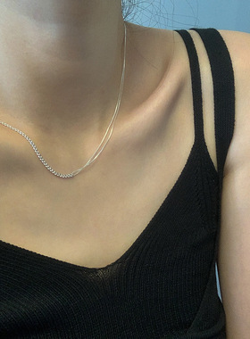 s925纯银不对称拼接双层项链女ins冷淡风极简个性小众设计锁骨链