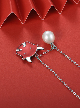 原创新款萌牛感温变色项链S925银国潮简约珍珠吊坠本命年锁骨链