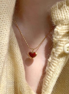 s925纯银安可拉红项链女ins秋冬复古气质高级感红色爱心毛衣链