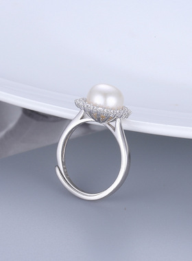 跨境新款ins潮气质轻奢珍珠戒指S925银简约太阳花指环DIY空托配饰