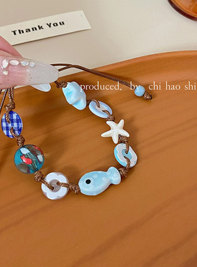 小鱼游啊游  可爱小鱼海星蓝色纽扣编绳项链女小众高颜值甜美手饰