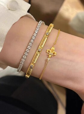 s925纯银法式复古拉丝鸢尾花闪钻手链女 轻奢中古风精致金色手饰