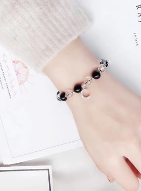 天然彩虹眼手链女黑曜石手串配白水晶手链女闺蜜送礼手串现货时尚