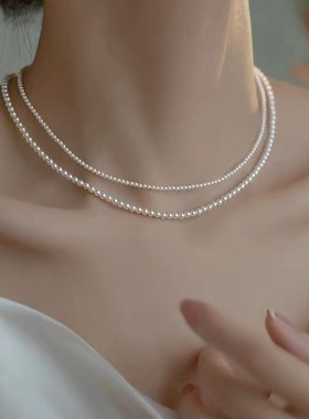 施家珍珠项链女2mm正圆小米粒锁骨链新款送女友礼物轻奢百搭颈链