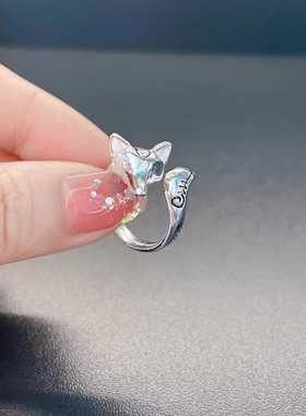 泰国佛牌狐狸戒指女s925纯银古巴文丽开口指环手链首饰手饰时尚潮
