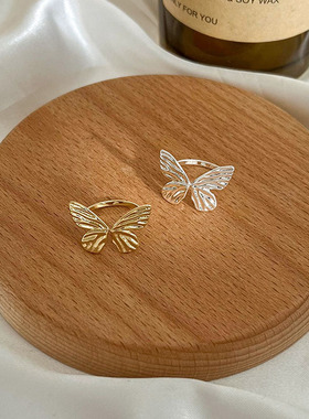 s925纯银灵动蝴蝶戒指女ins森系甜美仙气简约手作肌理纹开口指环