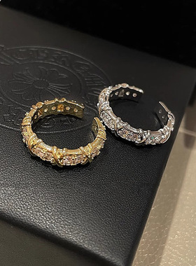 s925纯银交叉满镶锆石戒指ins博主同款重工质感轻奢闪钻开口指环