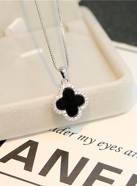 s925纯银 玛瑙四叶草项链 女韩版时尚百搭满钻四叶草吊坠饰品