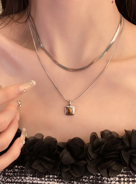 双层虎眼石吊坠项链女简约日常百搭气质高级感设计感学生潮流颈链