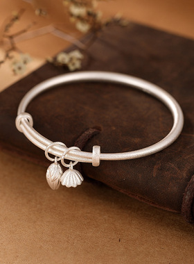 2024新款女简约实心两世欢手镯民族风古法磨砂面铜镀莲蓬莲花镯子