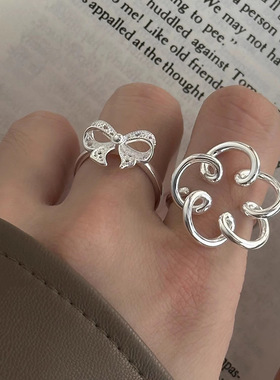 s925纯银蕾丝蝴蝶结戒指女 在逃公主ins夏季甜美精致简约镂空指环