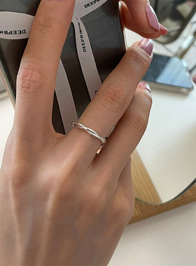 s925纯银麻花缠绕戒指女ins冷淡风小众极简设计感几何线条食指环