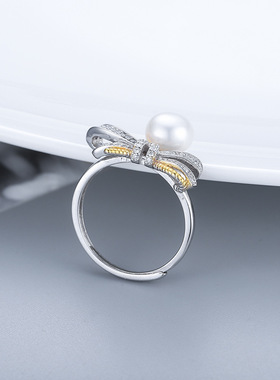 欧美跨境新款简约蝴蝶戒指DIY创意S925银珍珠开口指环饰品厂家