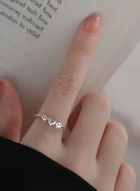 s925纯银复古笑脸爱心戒指女ins冷淡风甜酷可爱镂空微笑开口尾戒