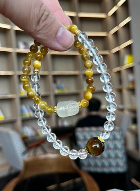 虎眼石多圈手链双拼白水晶黄水晶手串黄水晶貔貅方糖手饰品