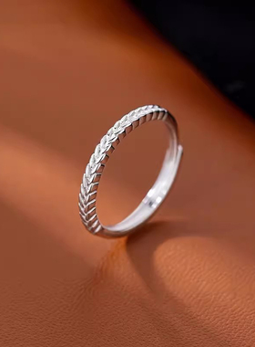 s925纯银麦穗戒指女ins小众设计个性素圈简约纹理推拉可调节指环