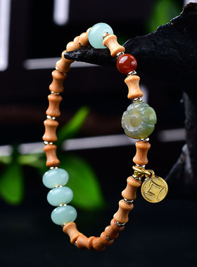 石与木老山檀木铜钱福牌手链竹节玉石红玛瑙手串轻奢复古文玩手链