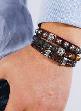 个性街头潮流男士皮革饰品欧美复古风皮手链diy三件套组合手镯