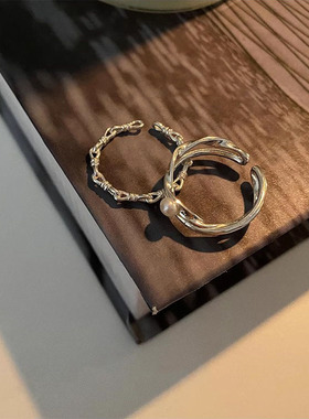 s925纯银天然淡水珍珠戒指女ins小众设计不规则双层细款素圈指环