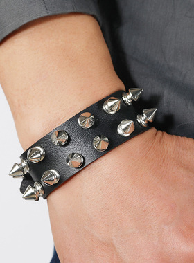 跨境热销饰品欧美朋克风2排尖钉皮革手链个性潮摇滚男士手环手镯