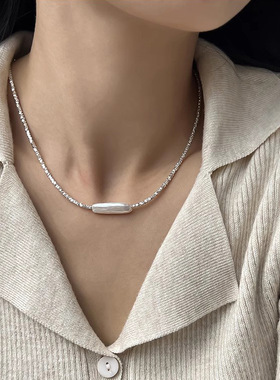 s925纯银天然巴洛克小银条珍珠碎银子项链ins复古法式轻奢锁骨链