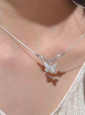 s925纯银仿施家珍珠项链女ins新中式轻奢温柔风蝴蝶纹理锁骨链