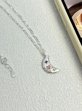 s925纯银月亮彩色锆石项链女ins夏季甜美简约少女心肌理感锁骨链