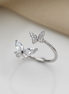 s925纯银蝴蝶戒指女ins小众设计高级感仙气超闪锆石开口食指环