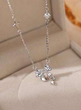 新款S925纯银流苏蝴蝶结项链女饰品百搭吊坠小众设计感锁骨链