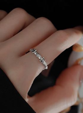 s925纯银复古鸢尾花戒指女ins立体浮雕朋克小众设计冷淡风食指环