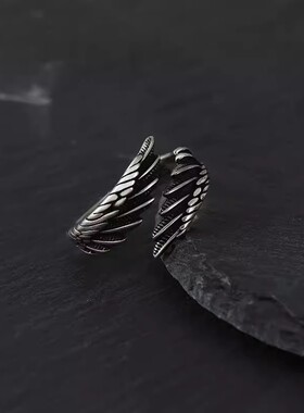 s925纯银天使之翼戒指男 复古个性嘻哈痞帅立体恶魔翅膀开口指环