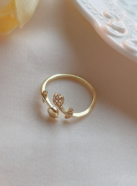 s925纯银郁金香戒指女ins温柔仙气轻奢小众风镶钻花朵开口食指环