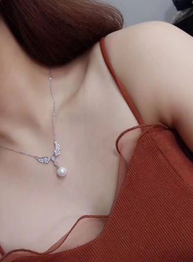 跨境s925银珍珠项链时尚简约天使之翼翅膀灵动项坠锁骨链DIY空托