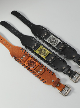 个性手工编织复古皮革手链 欧美朋克风宽皮手镯 潮流百搭男士饰品