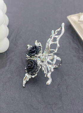 小众黑色玫瑰液态蝴蝶开口戒指ins设计感甜酷辣妹轻奢可调节指环