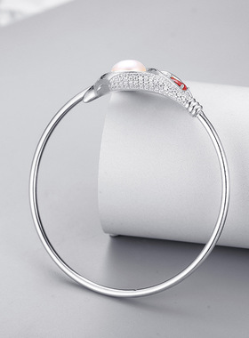 万美跨境新款S925银手镯欧美创意树叶手环DIY空托珍珠手饰品厂家