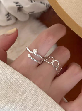 s925纯银天然淡水珍珠不规则线条戒指女ins小众极简独特设计指环