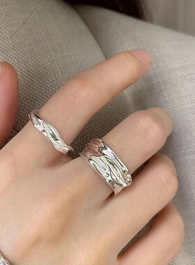 足银s999不规则熔岩纹理戒指女ins极简小众设计重工质感开口指环