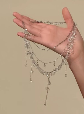 新款潮流精致粉白色串珠叠戴流苏项链女时尚气质颈链高级感锁骨链