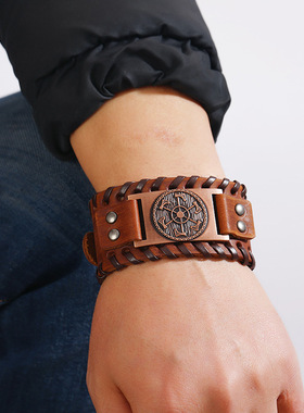 欧美时尚流行饰品个性编织复古牛皮手链创意简约男士皮革手环手镯